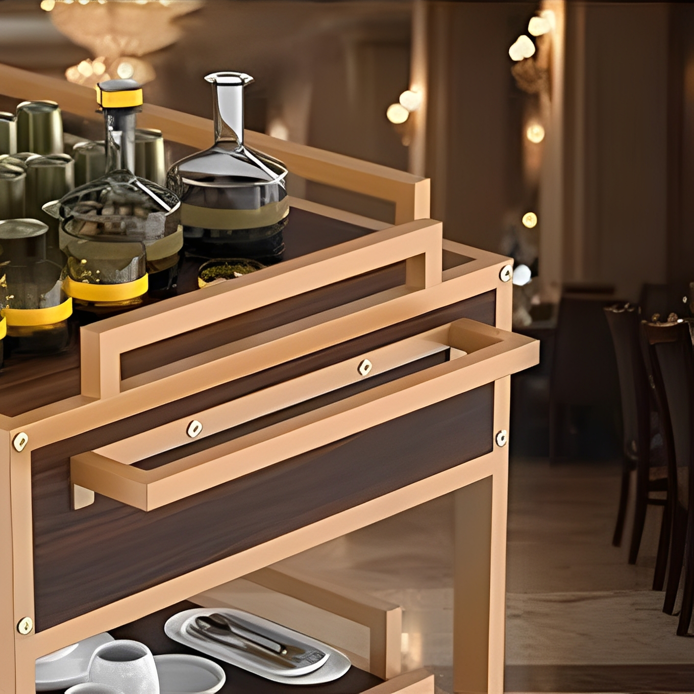Professional hotel beverage service cart featuring side safety rails on each tier for secure transport. Multi-level room service trolley with protective wooden barriers preventing items from sliding off shelves. Cart displays glassware, serving dishes, and beverage containers with enhanced safety design. Elegant wooden construction with guardrails ensuring safe handling of drinks and tableware during hotel service operations.
