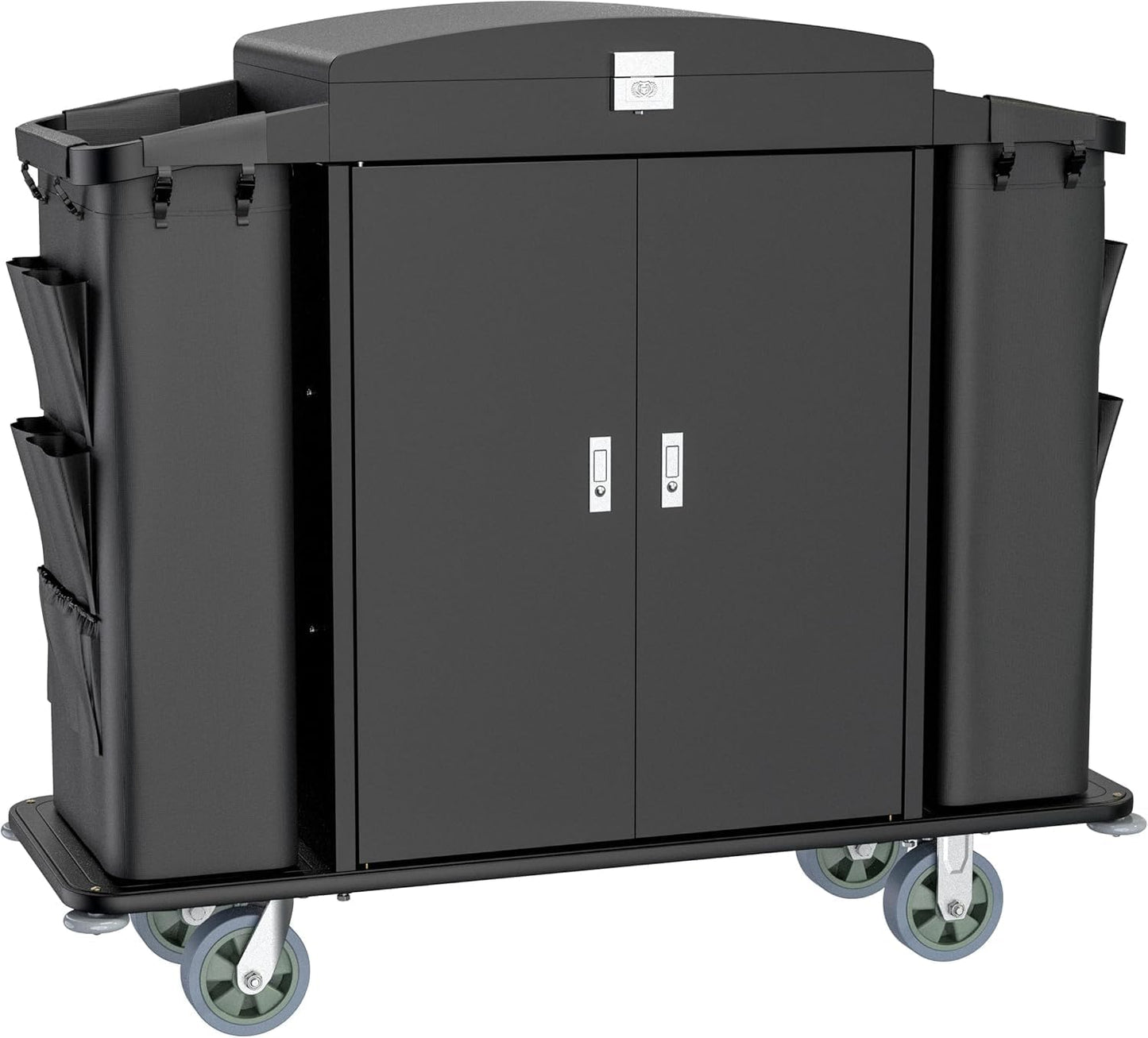 Black hotel housekeeping cart with locking doors, side bins, and wheels for professional cleaning services.