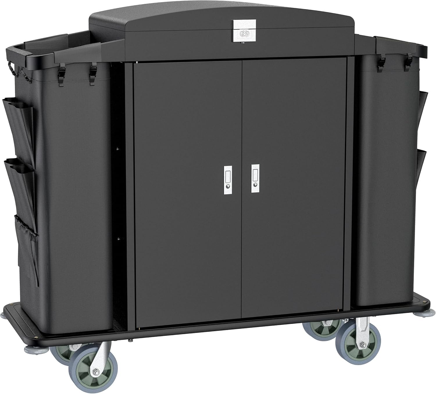 Black hotel housekeeping cart with locking doors, side bins, and wheels for professional cleaning services.
