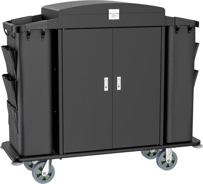 Black hotel housekeeping cart with locking doors, side bins, and wheels for professional cleaning services.
