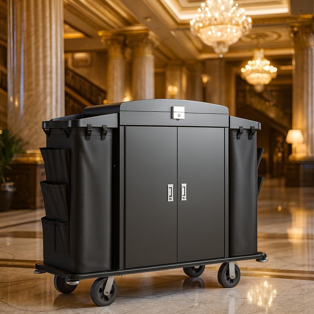 Black hotel housekeeping cart positioned in luxury hotel lobby with marble columns and crystal chandeliers.