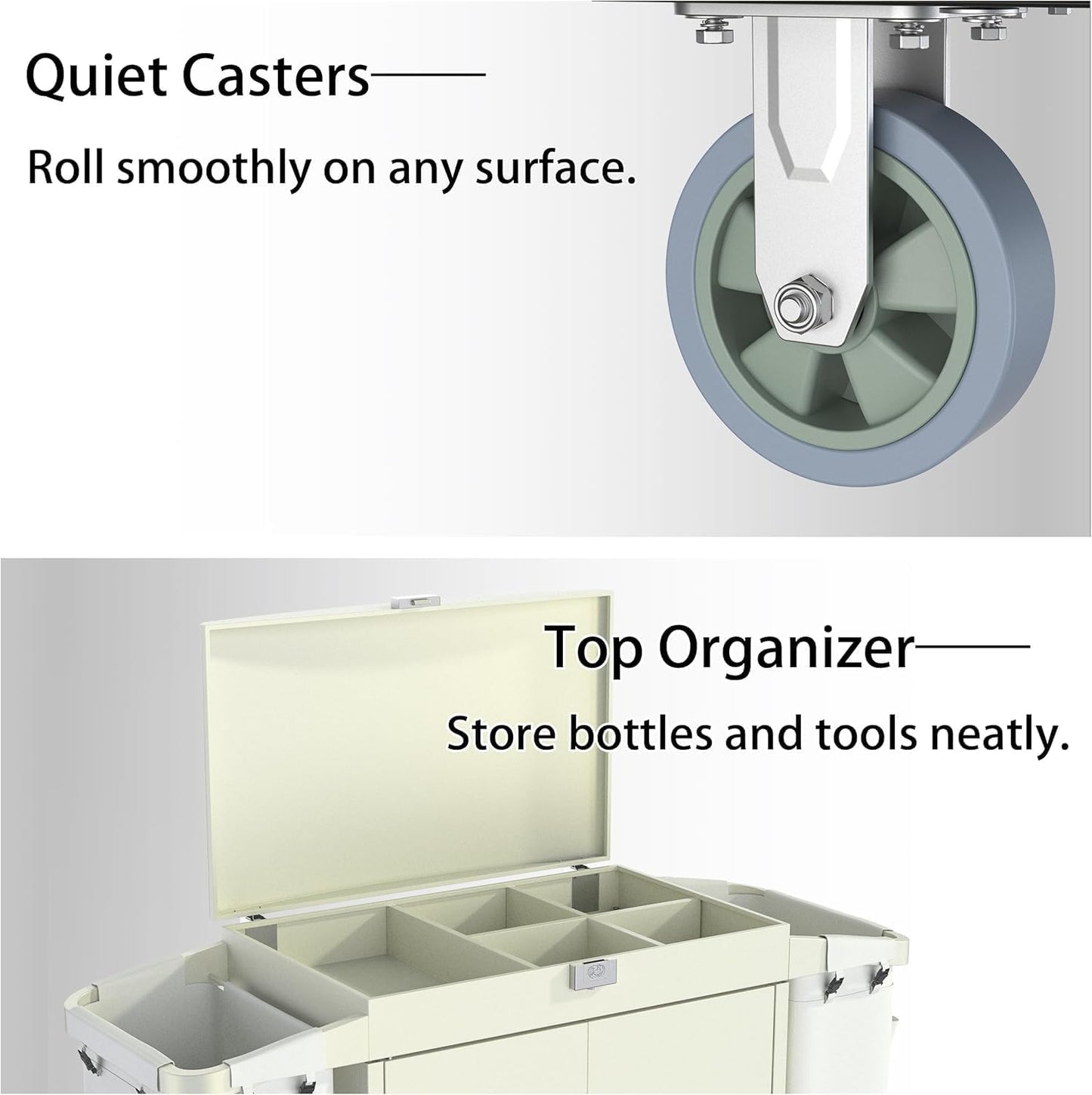 White hotel housekeeping cart showing triple-layer interior shelves and side fabric pockets for cleaning essentials storage.Retry