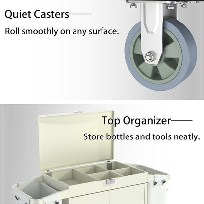 White hotel housekeeping cart showing triple-layer interior shelves and side fabric pockets for cleaning essentials storage.Retry