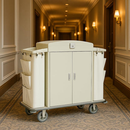 White hotel housekeeping cart with locking doors positioned in elegant hotel corridor with wall sconces.