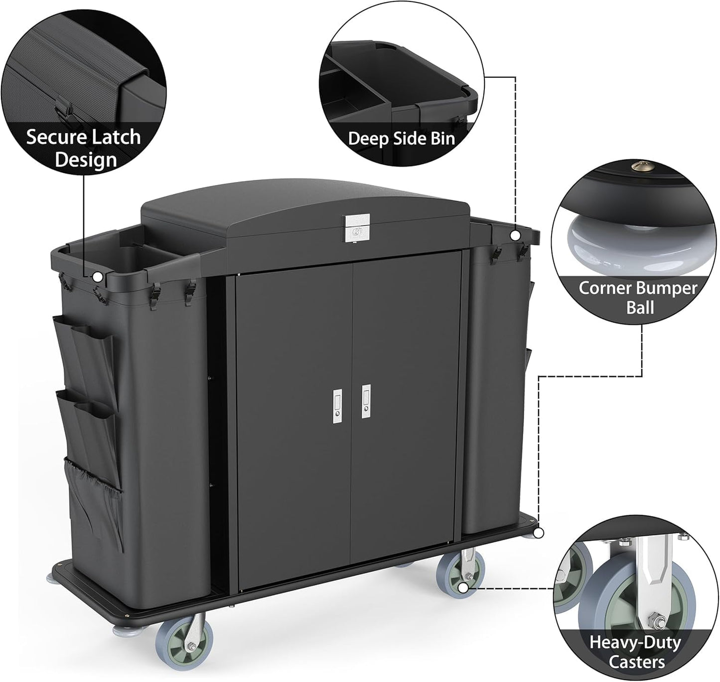 Hotel housekeeping cart features including secure latch design, deep side bins, corner bumper balls, and heavy-duty casters