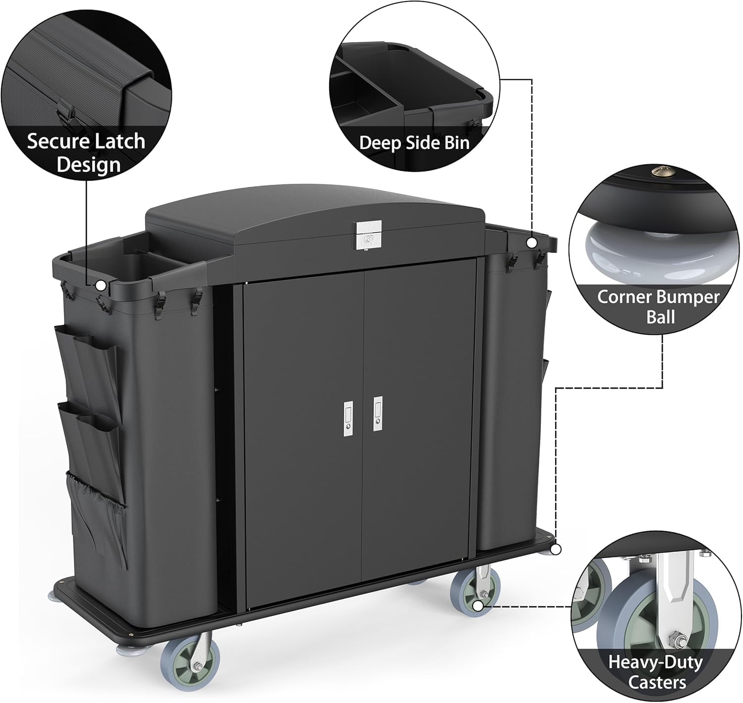 Hotel housekeeping cart features including secure latch design, deep side bins, corner bumper balls, and heavy-duty casters