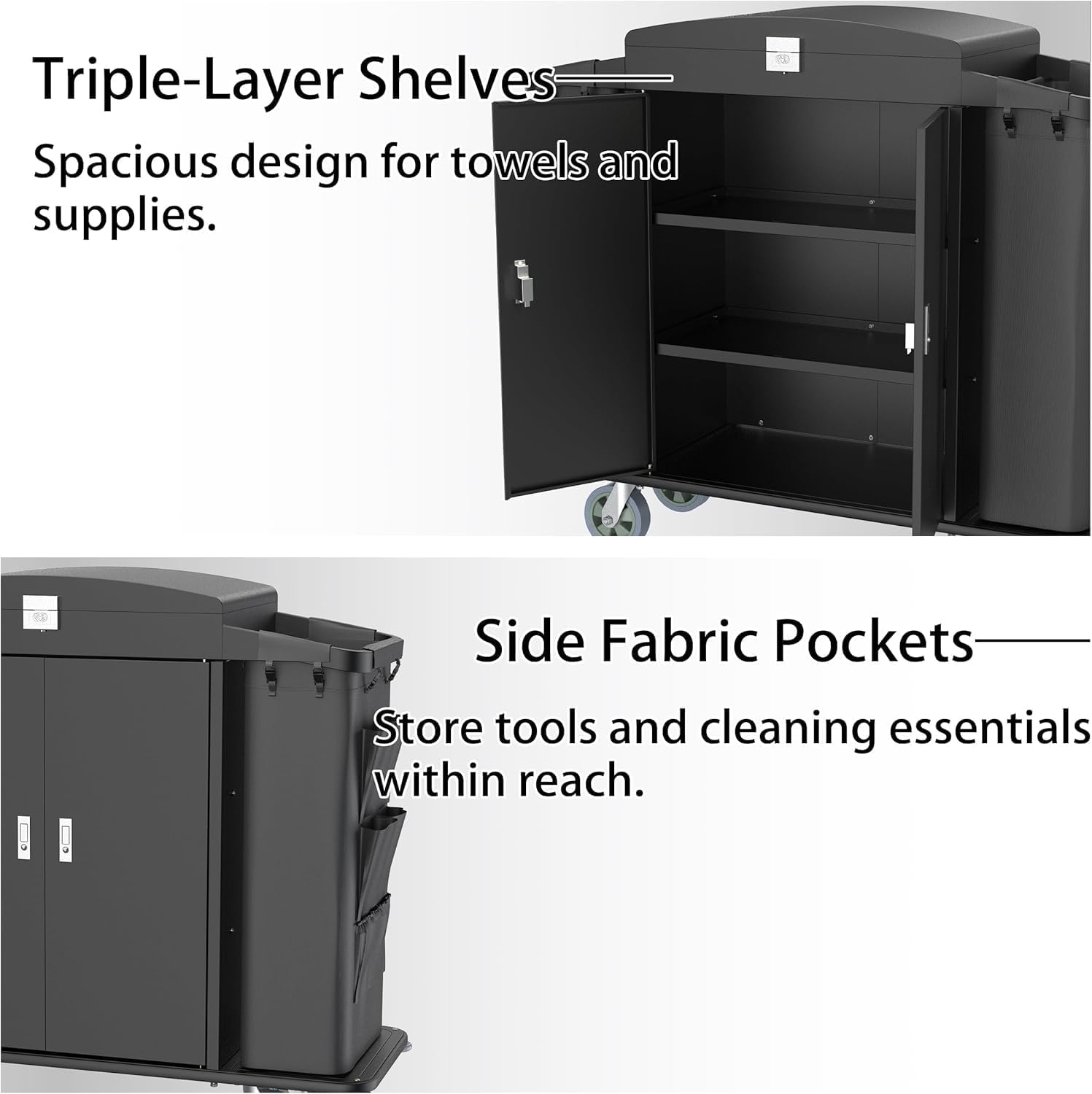 Hotel housekeeping cart showing triple-layer shelves for towel storage and side fabric pockets for cleaning tools.