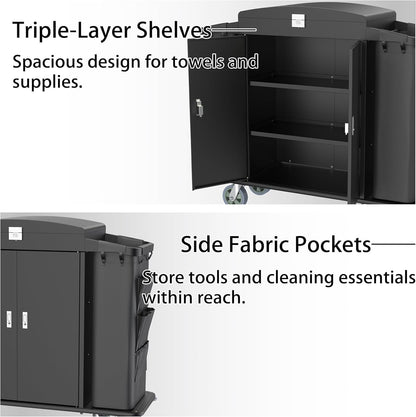 Hotel housekeeping cart showing triple-layer shelves for towel storage and side fabric pockets for cleaning tools.