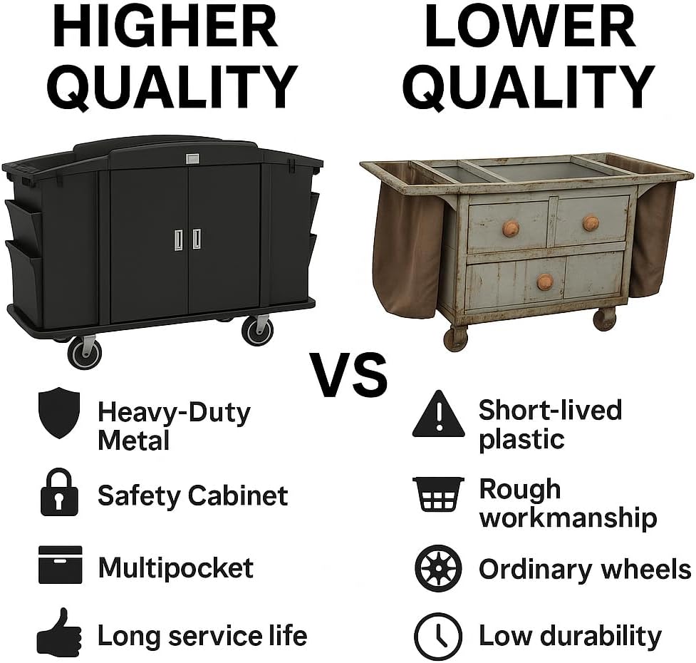 Comparison chart showing higher quality hotel housekeeping cart versus lower quality alternatives with durability features.