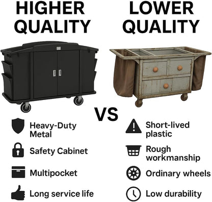Comparison chart showing higher quality hotel housekeeping cart versus lower quality alternatives with durability features.