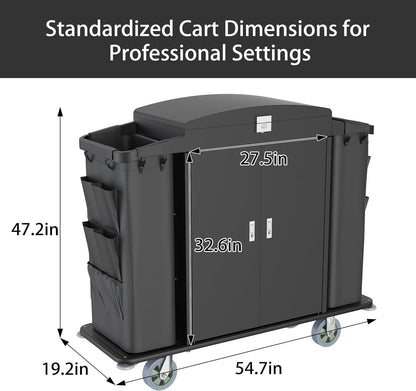 Standardized hotel housekeeping cart dimensions diagram showing 47.2in height, 54.7in length, and 19.2in width measurements.