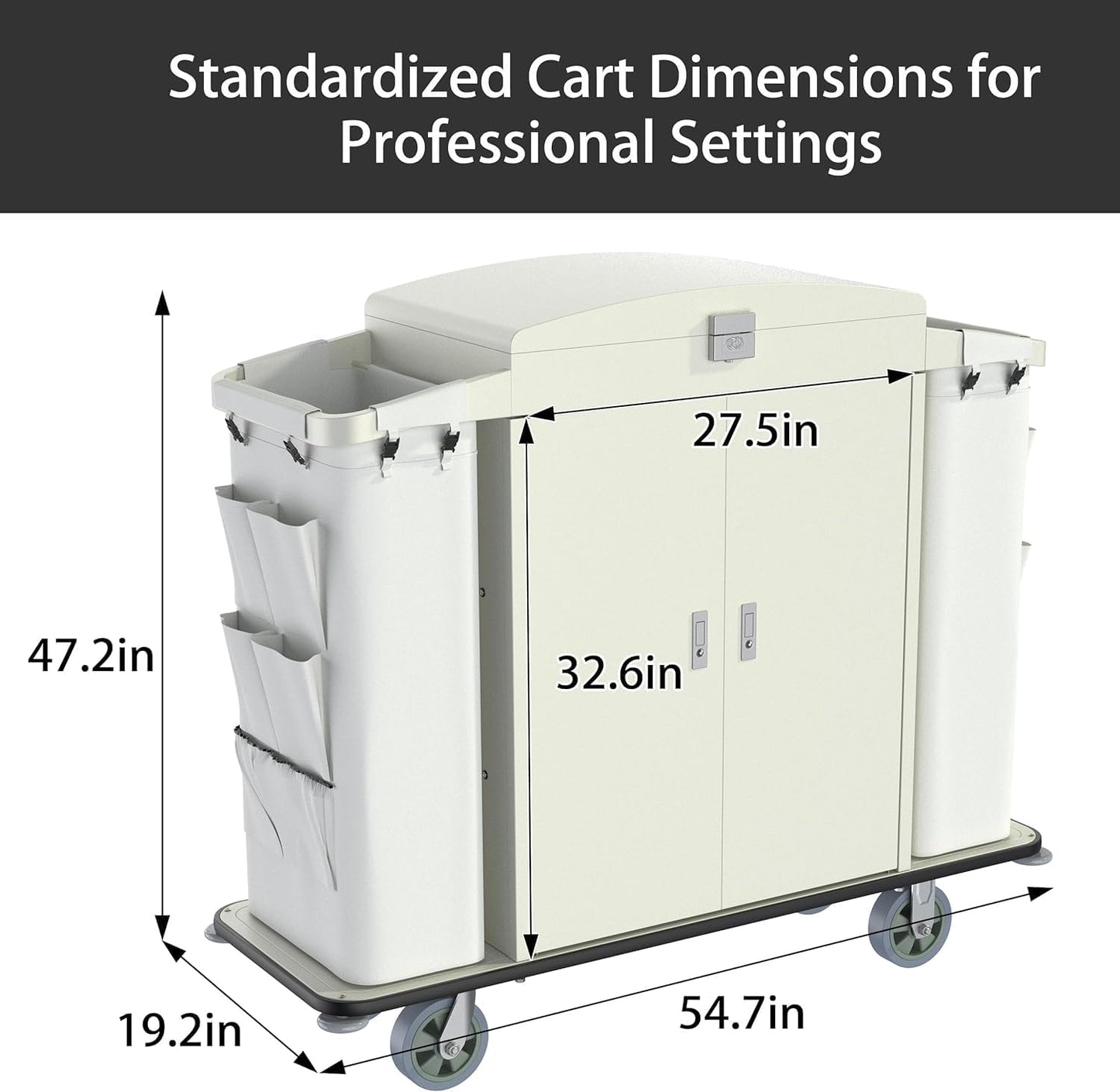 White hotel housekeeping cart dimensions diagram showing standardized measurements for professional hospitality settings.