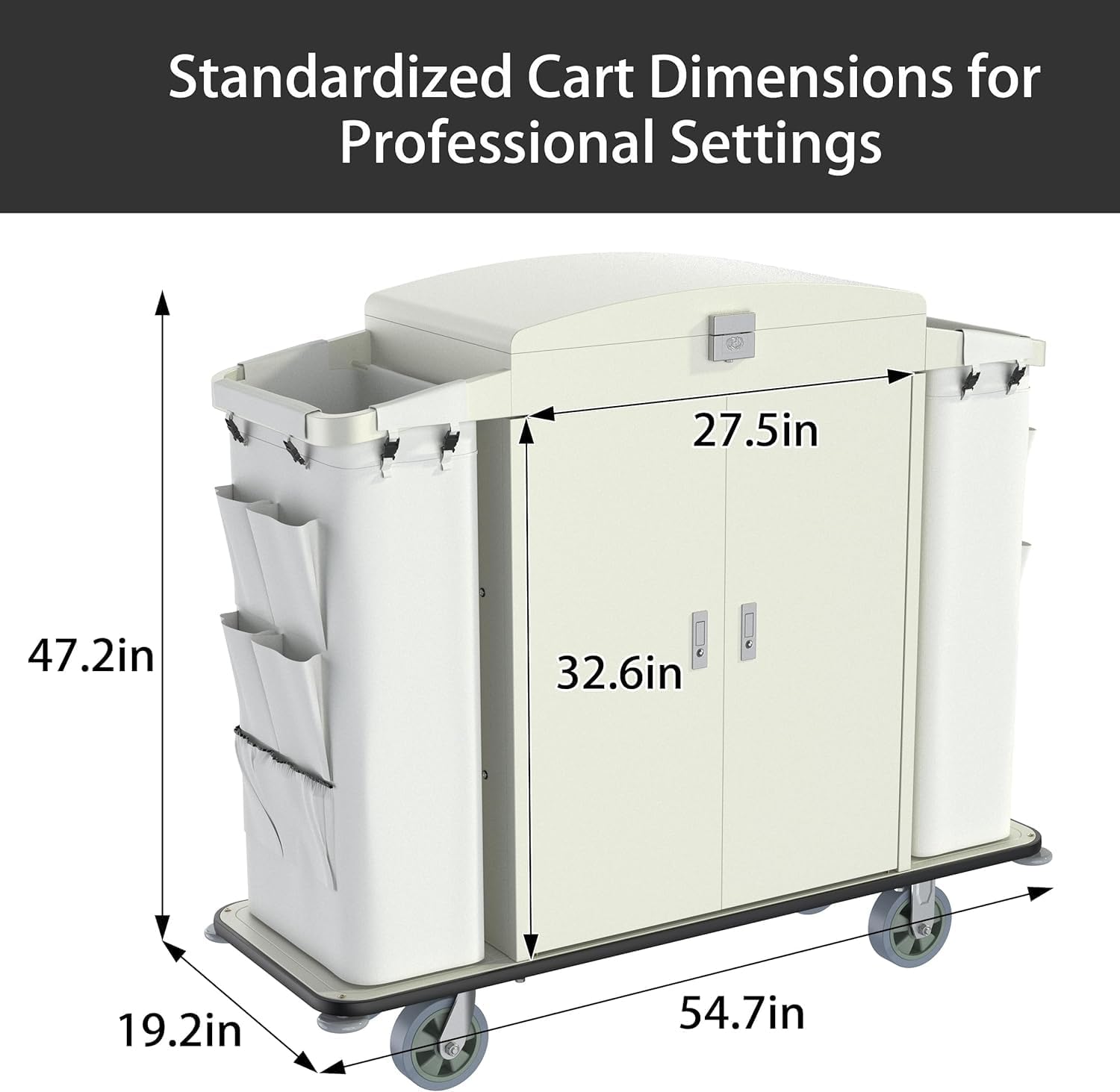 White hotel housekeeping cart dimensions diagram showing standardized measurements for professional hospitality settings.