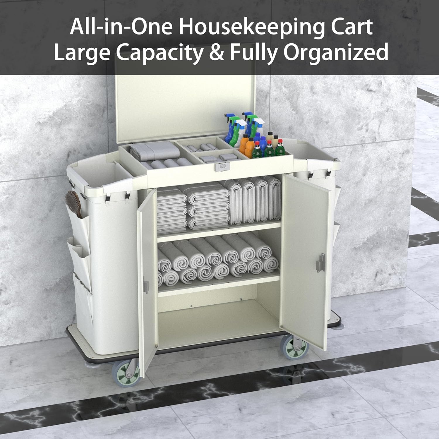All-in-one white hotel housekeeping cart with open doors displaying organized towel and supply storage compartments.