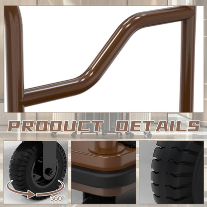 Professional hotel luggage cart featuring 8-inch silent inflatable wheels with 360-degree swivel capability. Detailed view of bellman cart's pneumatic tire construction, durable wheel base, and smooth-rolling caster technology for quiet luggage transport in hospitality environments.