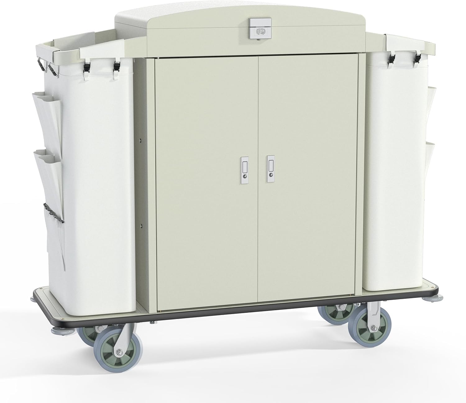 White hotel housekeeping cart showing locking cabinet doors and side storage bins on wheels.