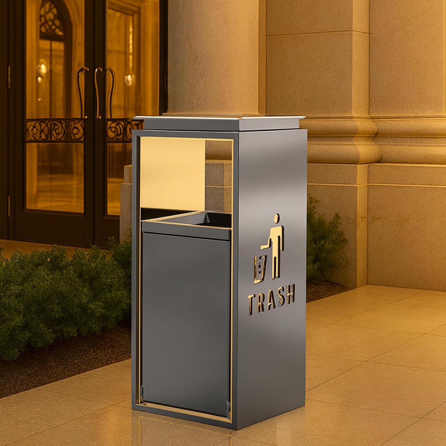 Premium outdoor trash receptacle with golden LED trim positioned outside upscale commercial building with classical stone columns and warm evening lighting