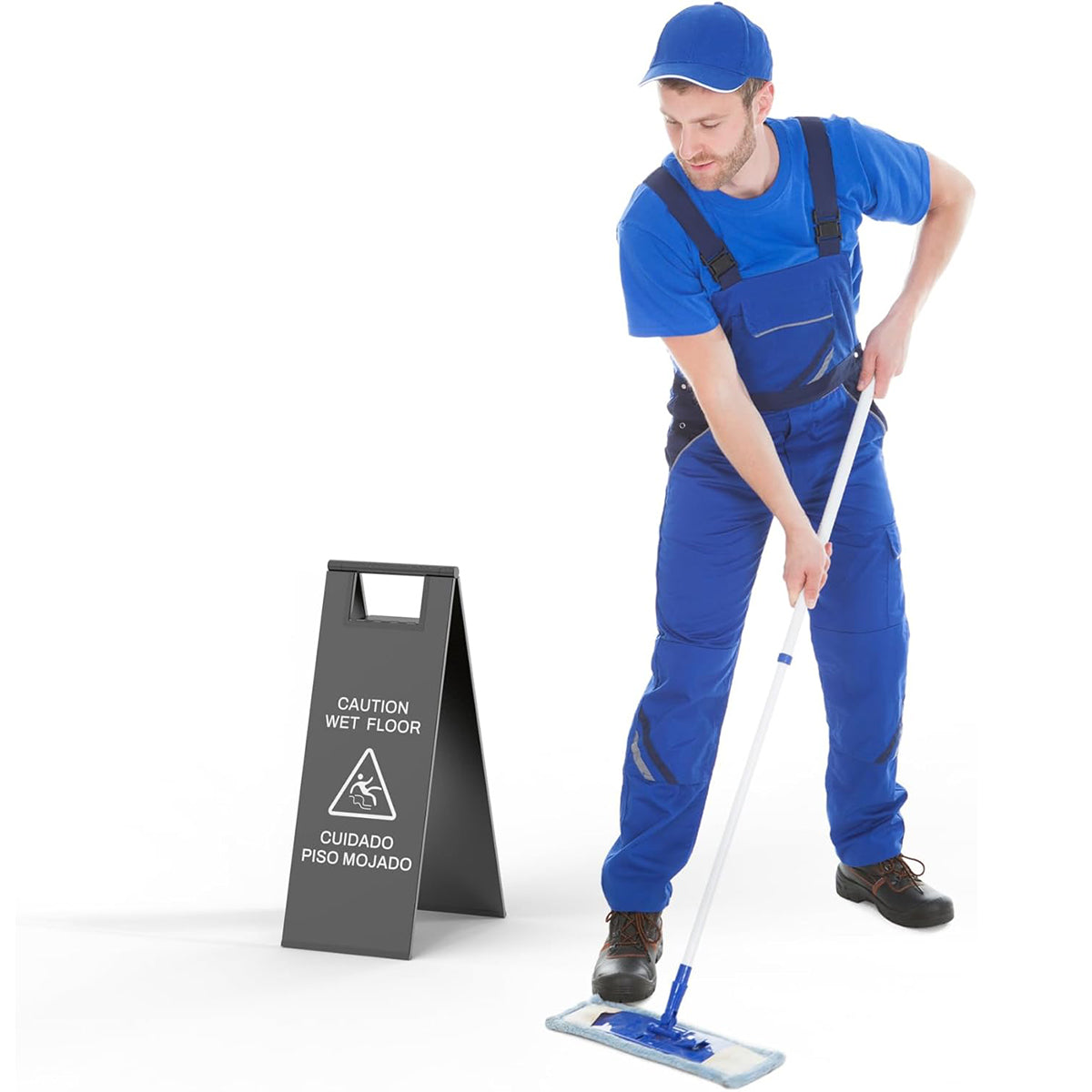 Professional janitor in blue uniform mopping floor with wet floor caution sign a-frame stand ensuring workplace safety during cleaning operations