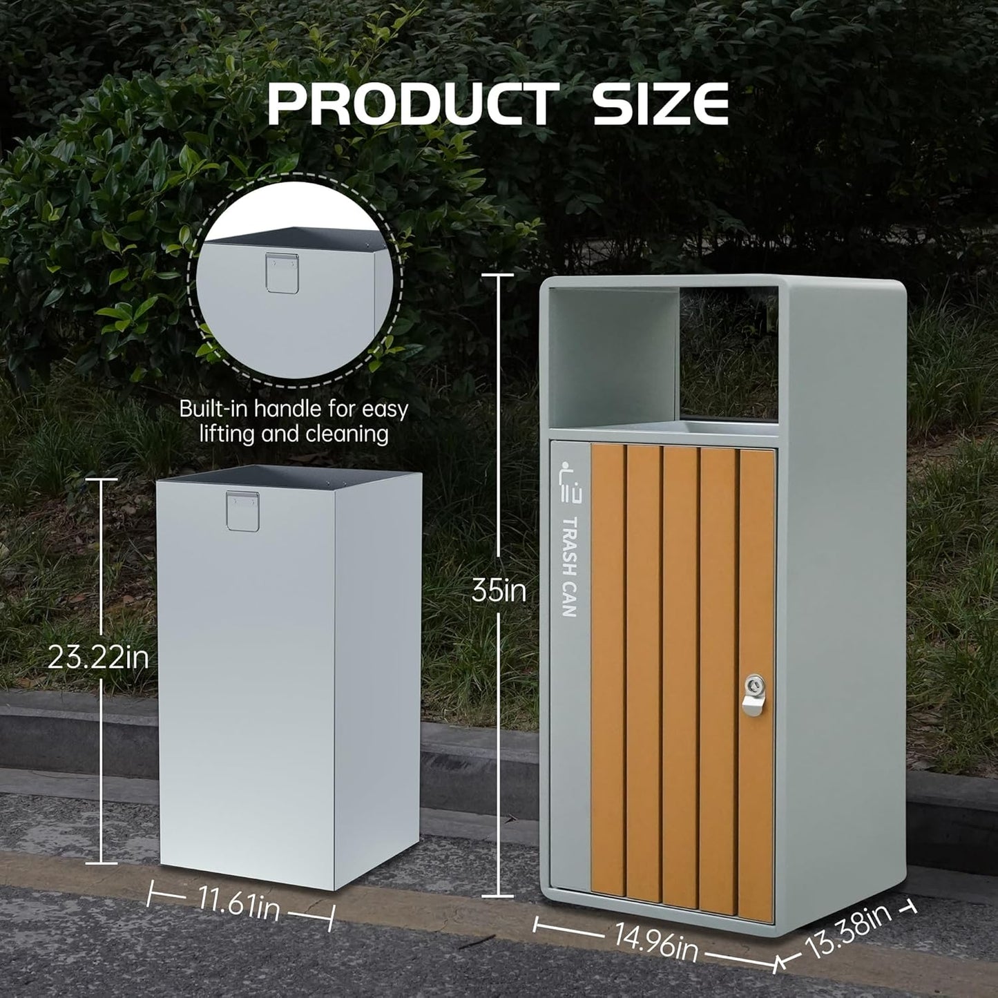 Size comparison of outdoor steel trash can showing 35-inch height and 23.22-inch inner bin, with built-in handle for easy cleaning