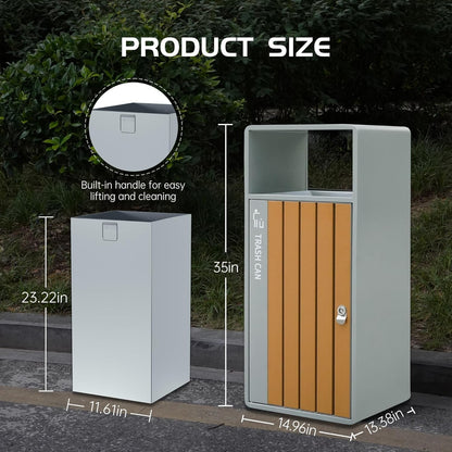 Size comparison of outdoor steel trash can showing 35-inch height and 23.22-inch inner bin, with built-in handle for easy cleaning