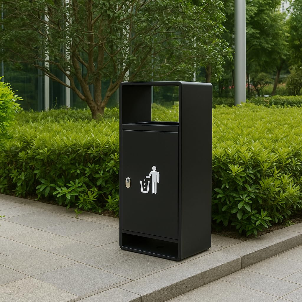 Secure outdoor trash receptacle positioned on concrete walkway surrounded by manicured landscaping