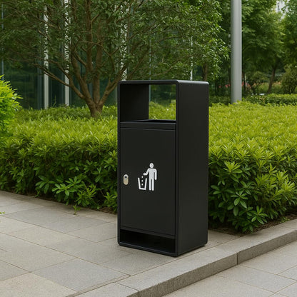 Secure outdoor trash receptacle positioned on concrete walkway surrounded by manicured landscaping