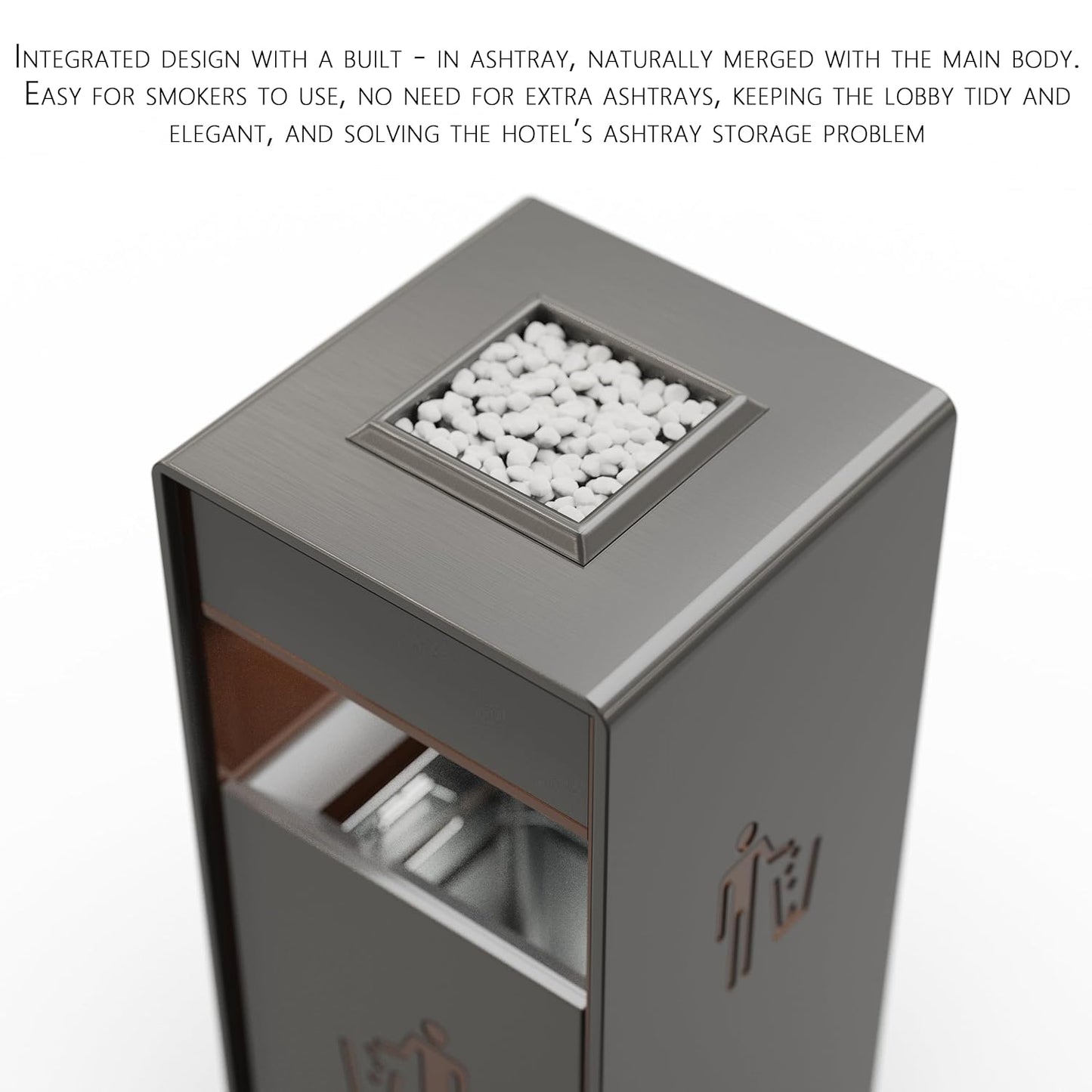 Innovative lockable garbage bin featuring integrated ashtray design with white stones, ideal for hotel lobbies and smoking areas