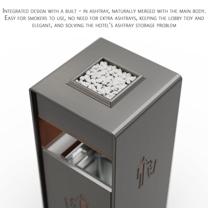Innovative lockable garbage bin featuring integrated ashtray design with white stones, ideal for hotel lobbies and smoking areas
