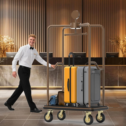 Professional hotel bellman operating enclosed luggage cart with protective canopy frame in elegant lobby. Luxury rooftop bellman cart providing secure luggage transport service, demonstrating premium hospitality standards with multiple guest suitcases under protective overhead structure.