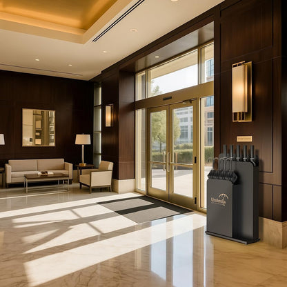 Premium umbrella stand positioned in upscale hotel lobby entrance near glass doors showing professional hospitality furniture application