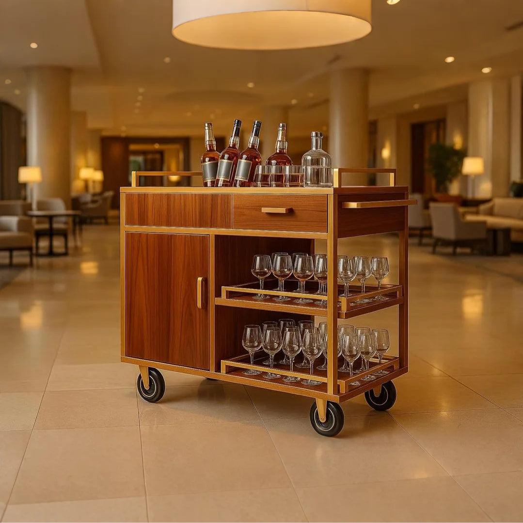 Luxury wooden service cart positioned in upscale hotel lobby with warm ambient lighting. Elegant cabinet service trolley featuring enclosed storage, pull-out shelves with wine glasses, and premium walnut finish. Professional hospitality equipment designed for luxury hotels and fine dining service environments.