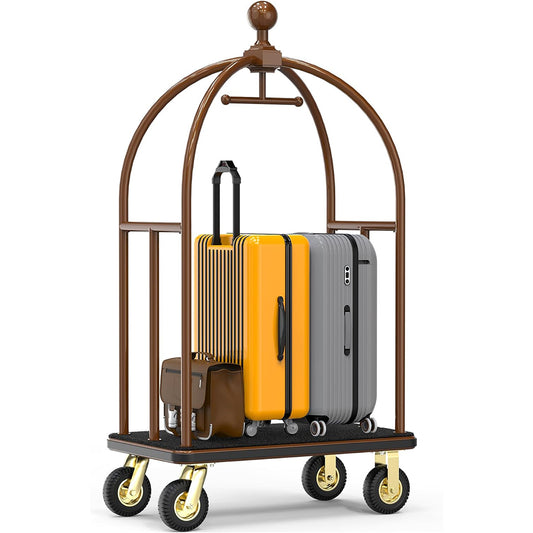 Luxury rose gold hotel luggage cart with elegant dome canopy design loaded with colorful suitcases. Premium bellman cart featuring bronze-finished frame, protective curved railings, and smooth-rolling wheels. High-end luggage trolley perfect for luxury hotels, resorts, and boutique hospitality venues requiring sophisticated guest baggage handling equipment.