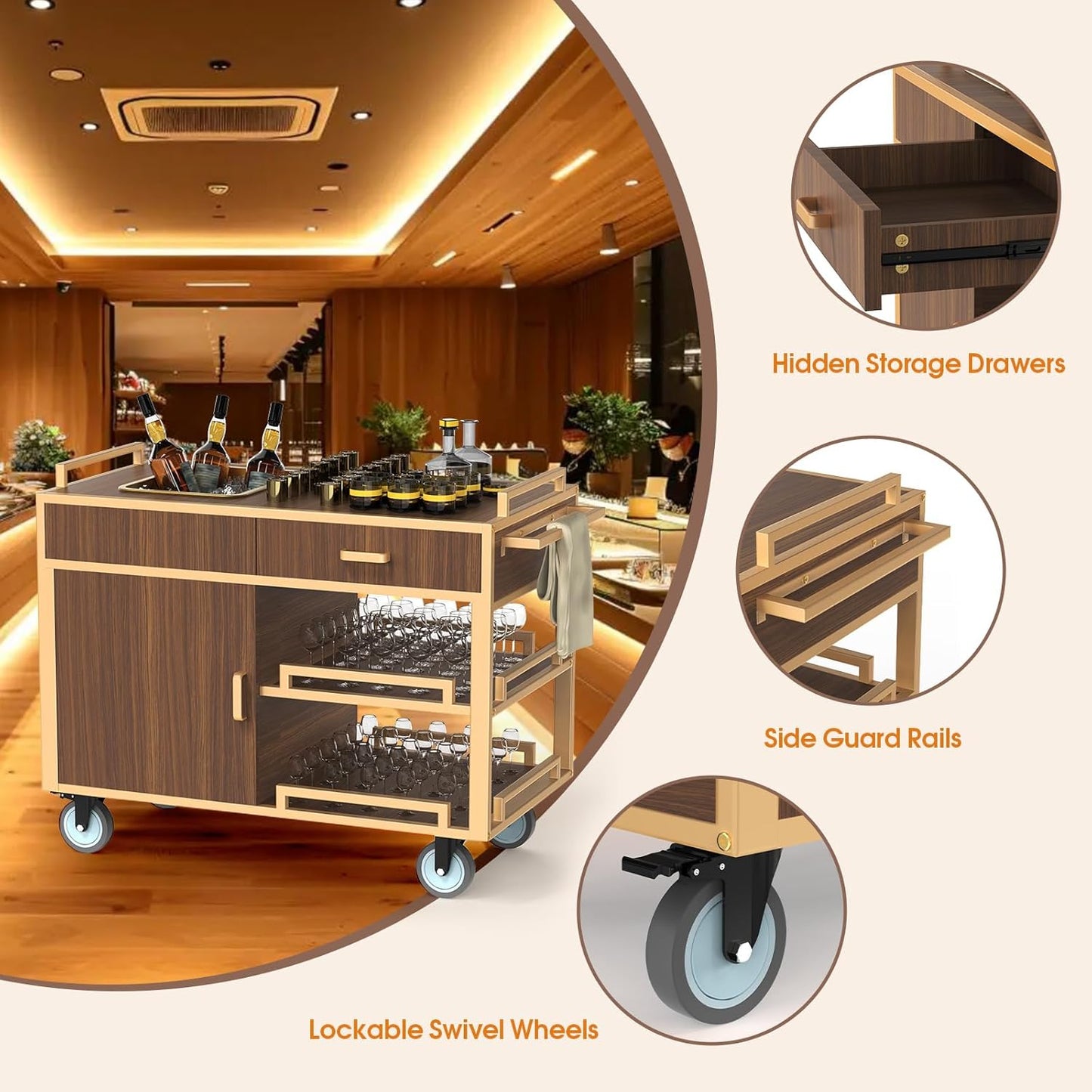 Multi-functional cabinet service cart in restaurant setting highlighting hidden storage drawers, side guard rails, and lockable swivel wheels. Professional restaurant service trolley with enclosed compartments, pull-out shelves, and premium construction features for efficient food and beverage service operations.