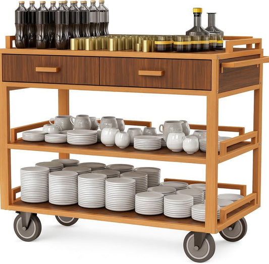 Multi-tier open service cart featuring three spacious shelves loaded with wine bottles, glassware, plates, and dining essentials. Professional restaurant service trolley with walnut drawer storage, open display shelves, and smooth-rolling wheels designed for efficient food and beverage service in hotels and restaurants.