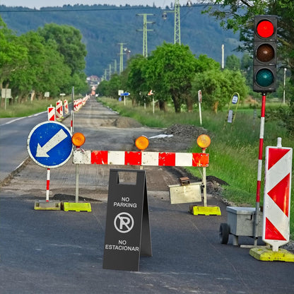 No parking traffic sign with prohibited symbol used in construction zone with traffic barriers and detour signs