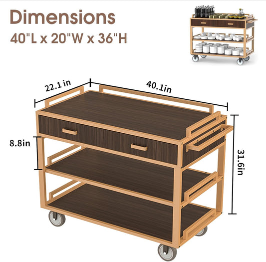 Open shelf service cart technical specifications showing 40 inch length, 20 inch width, and 36 inch height dimensions. Restaurant service trolley with detailed measurements including 8.8 inch drawer depth and multi-level shelf configuration for versatile hospitality service applications.