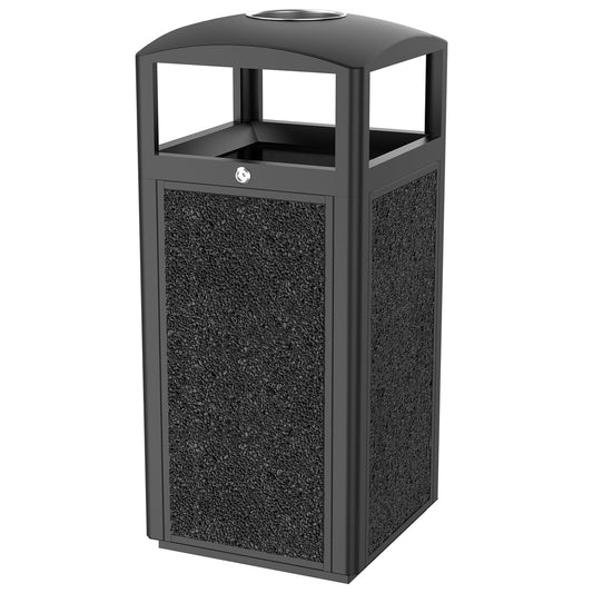 Black outdoor trash can with stone aggregate textured panels and dome lid featuring side opening access for commercial use