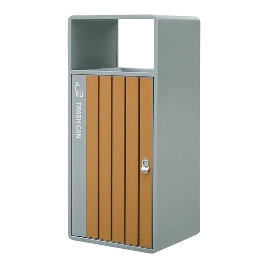 Gray outdoor trash can with wooden slat door and lockable design, featuring top opening compartment and clean modern appearance