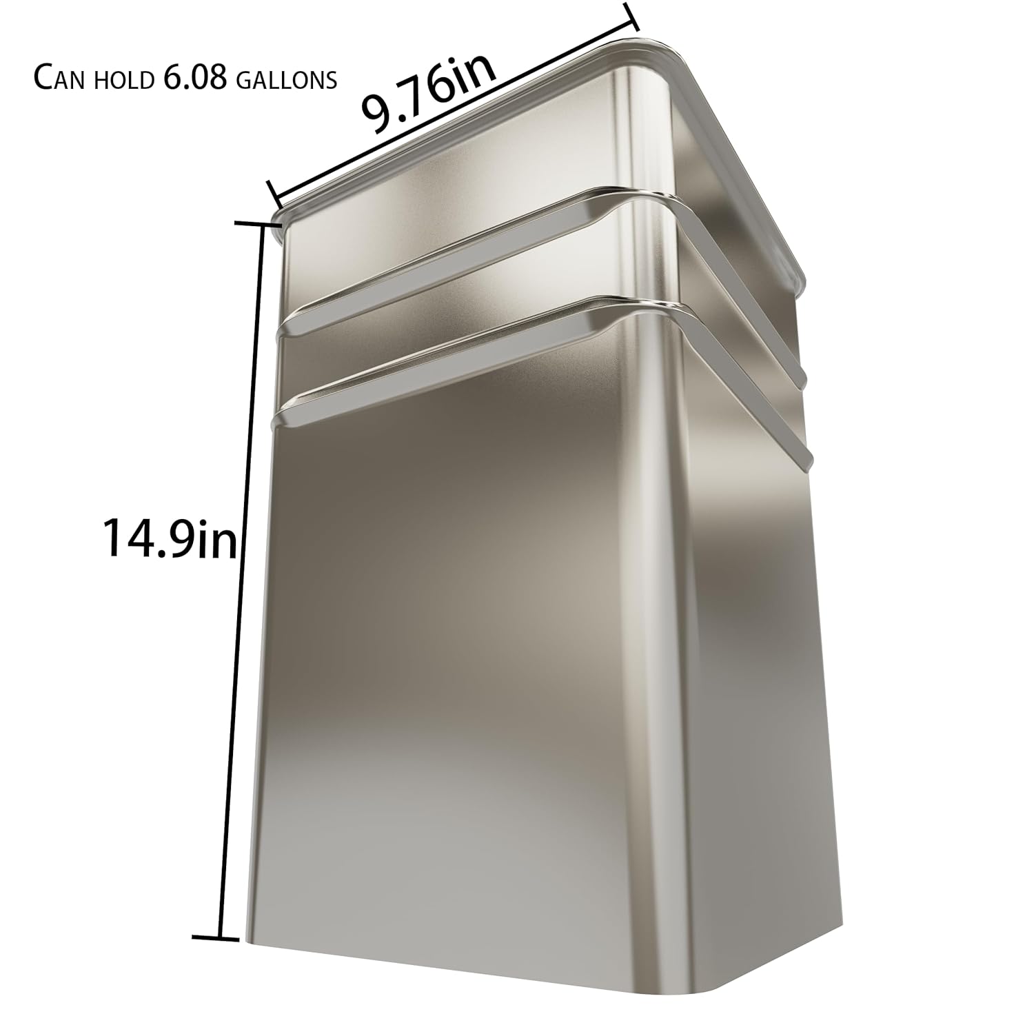 Technical specification view of outdoor trash can showing 14.9 inch height and 9.76 inch width with 6.08 gallon storage capacity