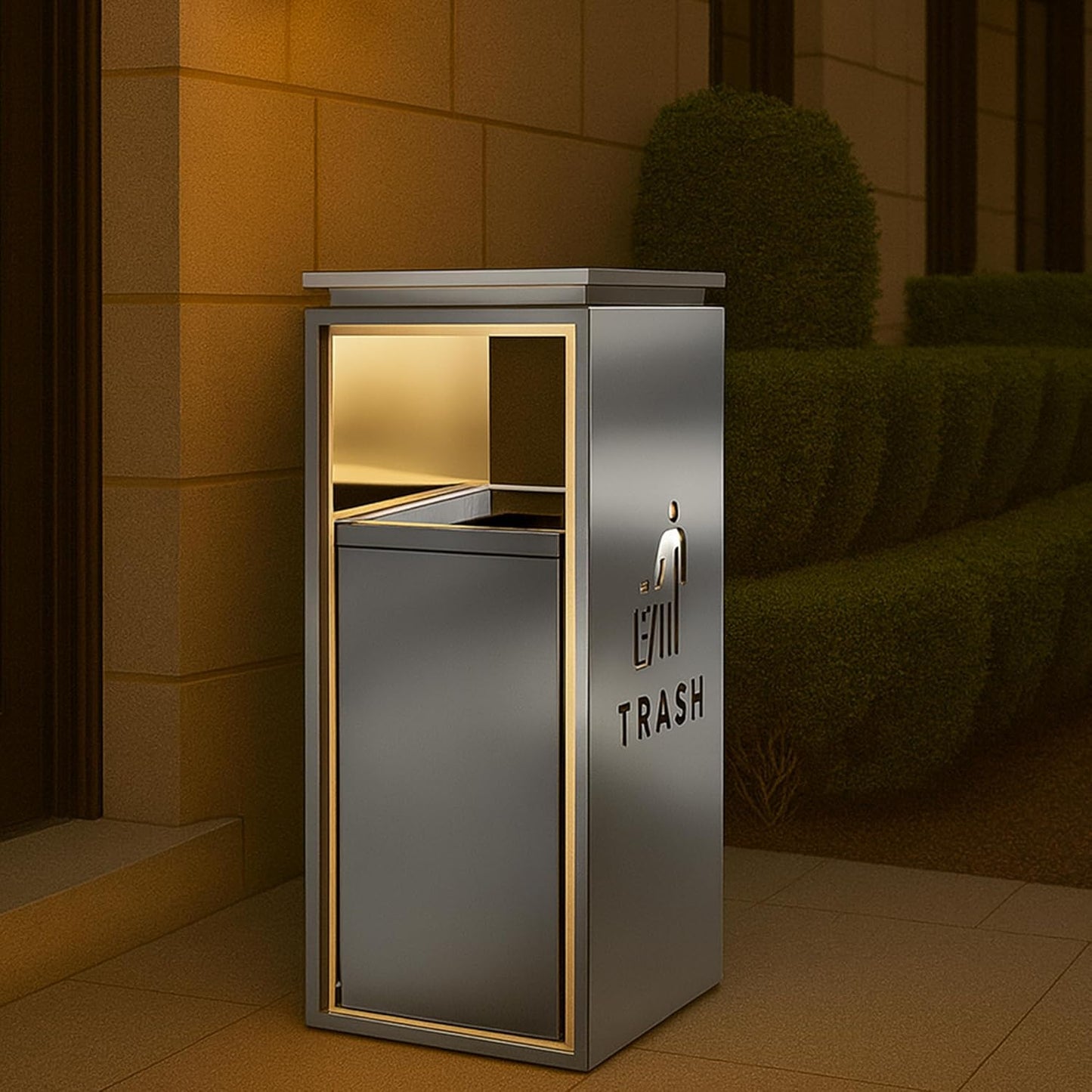 Professional outdoor waste container with warm LED lighting positioned outside commercial building during evening hours, featuring side access door