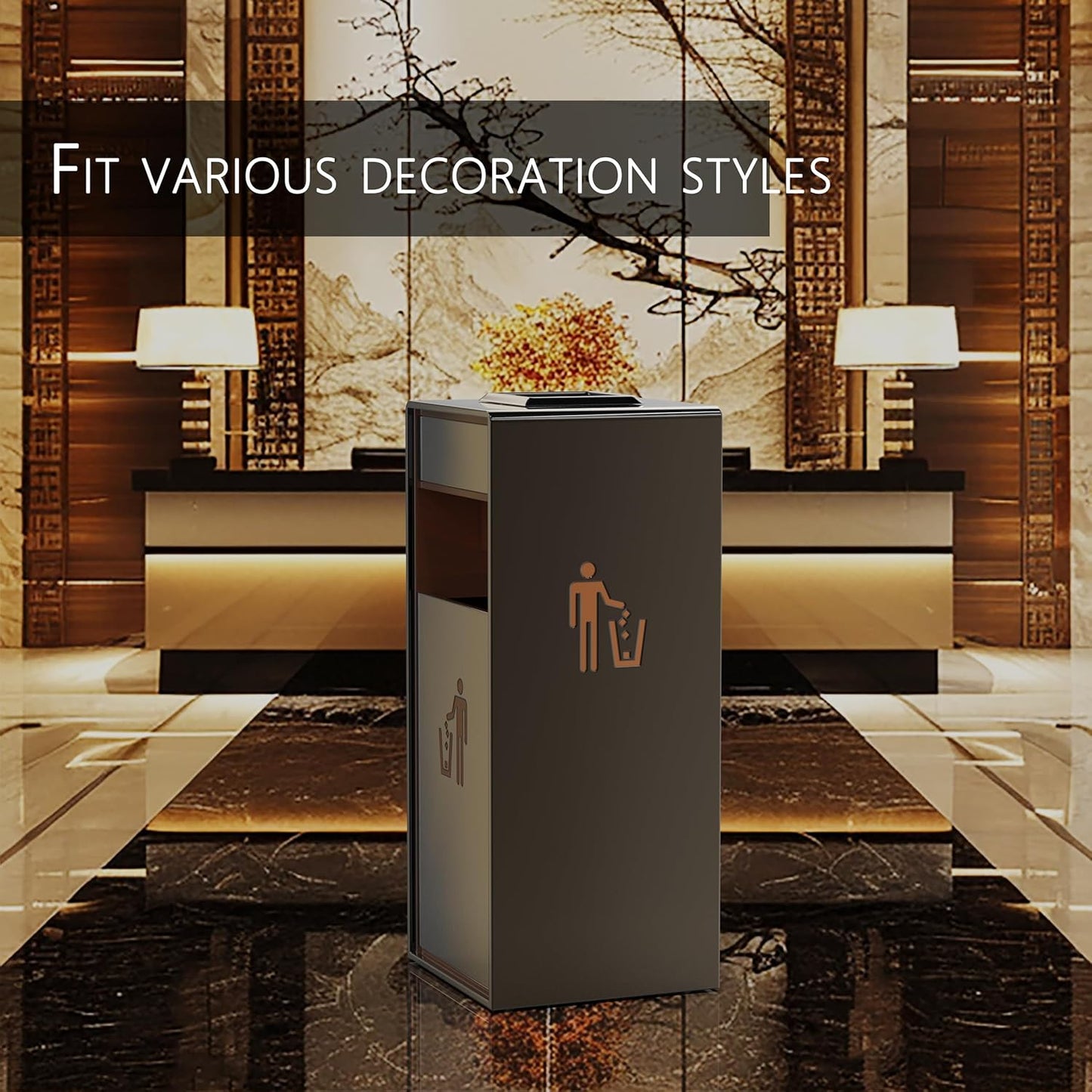 Elegant outdoor trash can positioned in upscale hotel lobby with golden decor, showing versatility across various decoration styles