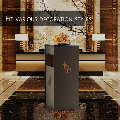 Elegant outdoor trash can positioned in upscale hotel lobby with golden decor, showing versatility across various decoration styles