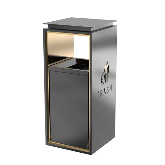 Modern outdoor trash receptacle with golden LED accent lighting, removable inner bin, and sleek gray finish for upscale commercial environments