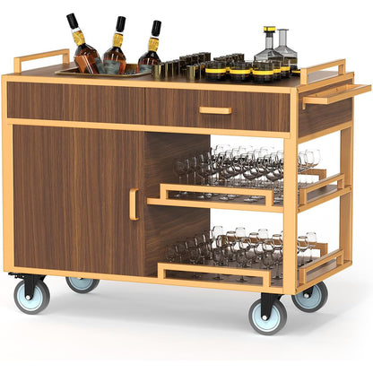 Premium wooden cabinet service cart featuring enclosed storage compartments and pull-out glass shelves loaded with wine bottles, glassware, and serving essentials. Professional restaurant service trolley with walnut finish, smooth-rolling wheels, and organized storage for fine dining establishments and hospitality venues.