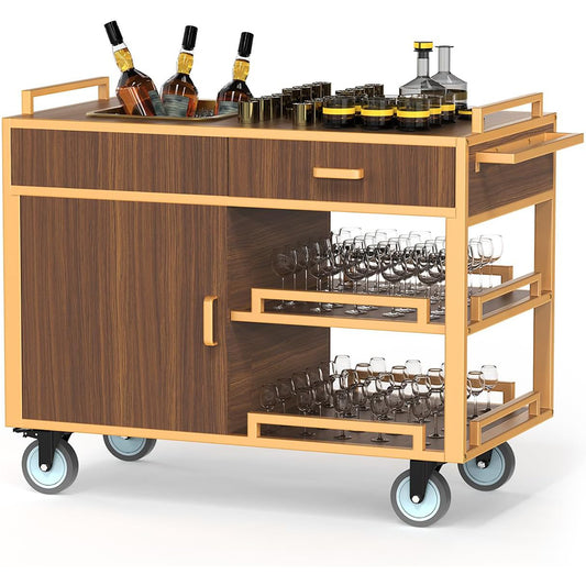 Premium wooden cabinet service cart featuring enclosed storage compartments and pull-out glass shelves loaded with wine bottles, glassware, and serving essentials. Professional restaurant service trolley with walnut finish, smooth-rolling wheels, and organized storage for fine dining establishments and hospitality venues.