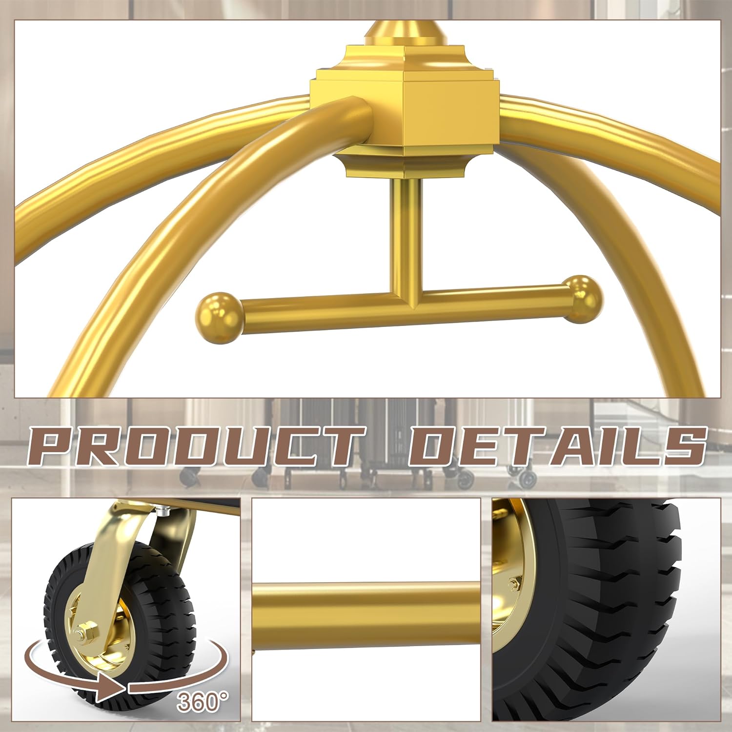 Premium gold-finished hotel luggage cart showcasing high-quality hardware including reinforced top knob, curved support rails, and precision-engineered joints. Deluxe bellman cart featuring 360-degree swivel wheels with detailed metalwork for superior durability and elegant appearance in luxury hospitality settings.