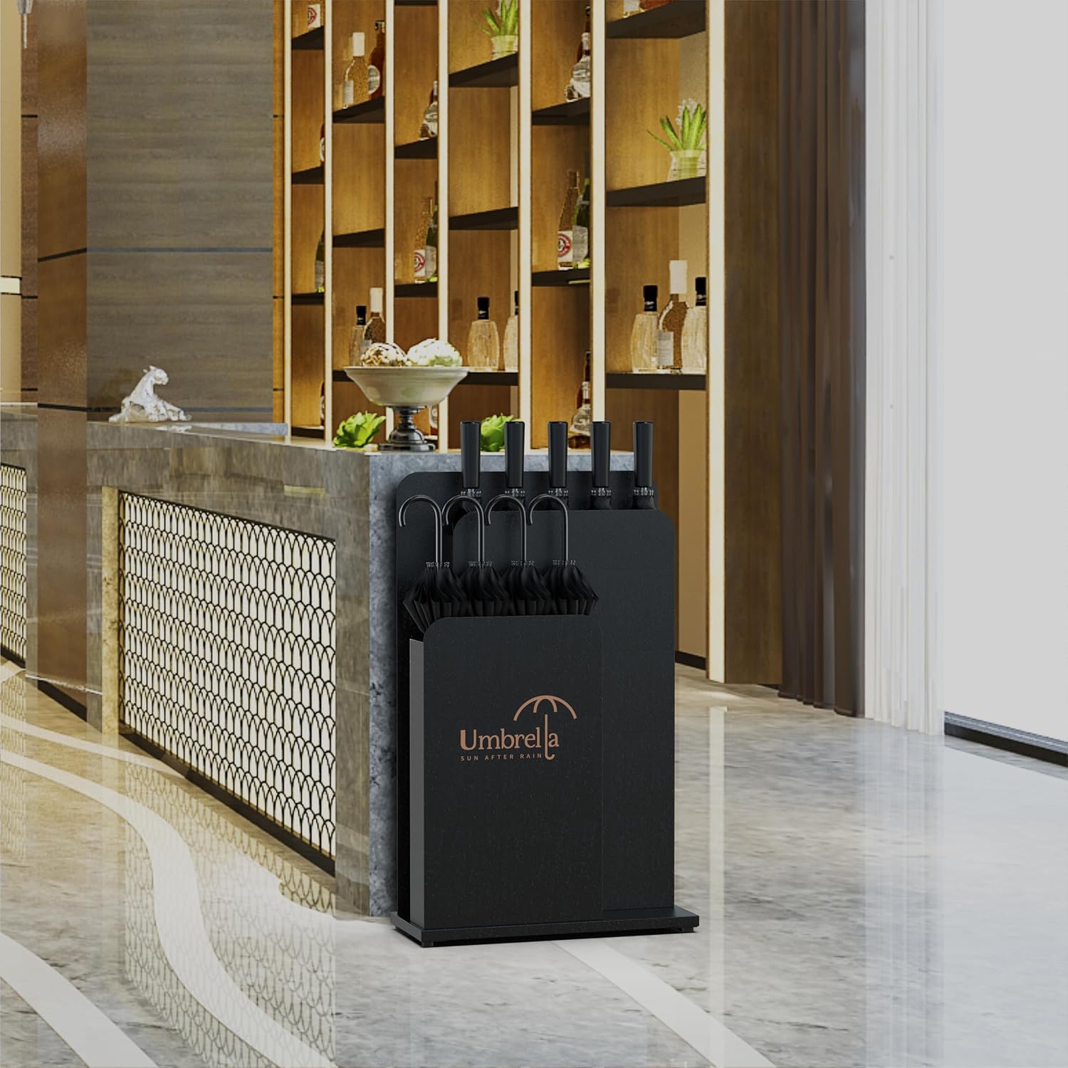 Elegant umbrella stand placed in luxury hotel reception area showcasing sophisticated commercial hospitality furniture for upscale establishments