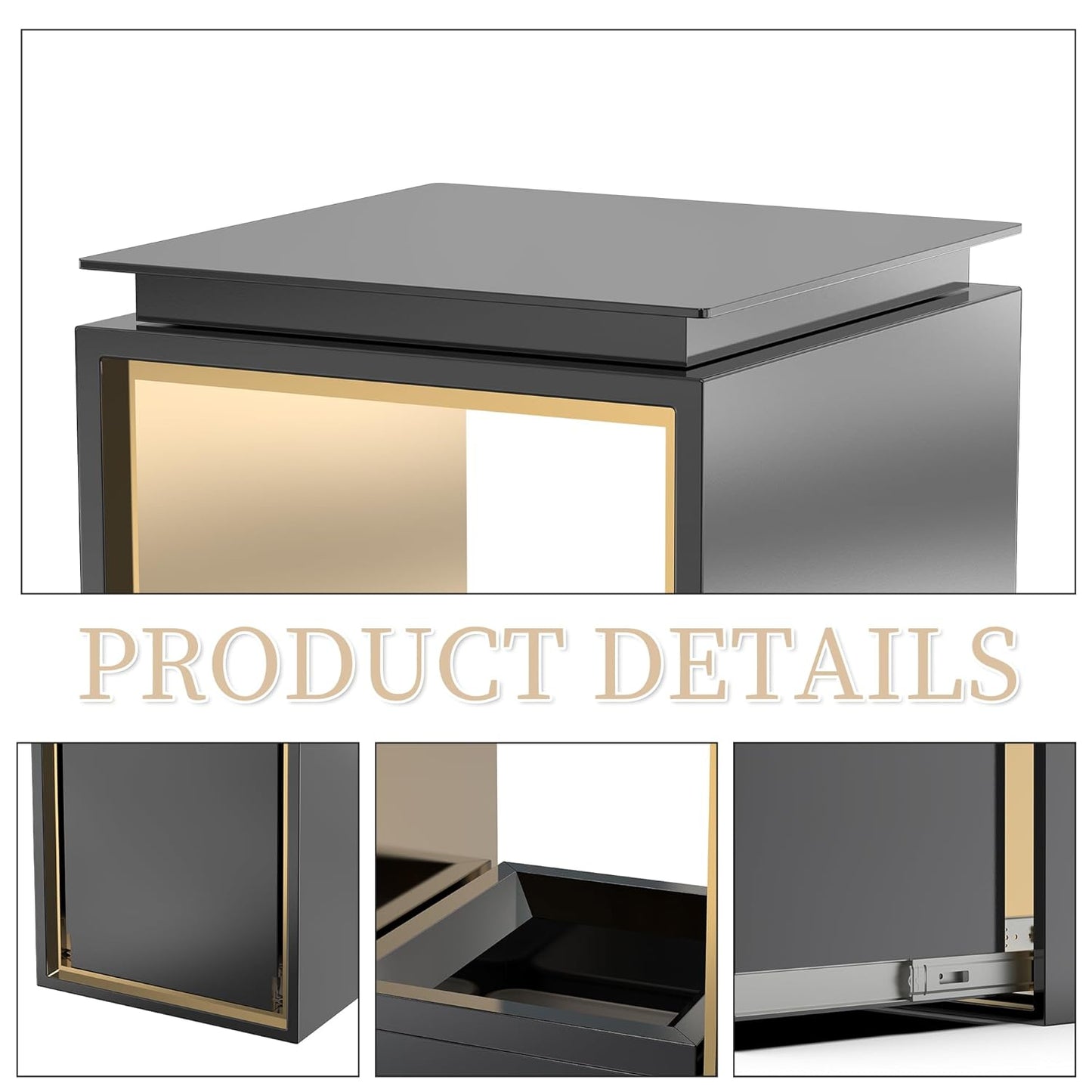 Detailed view of high-end outdoor trash can features including removable lid system, LED accent lighting, and precision-engineered construction details