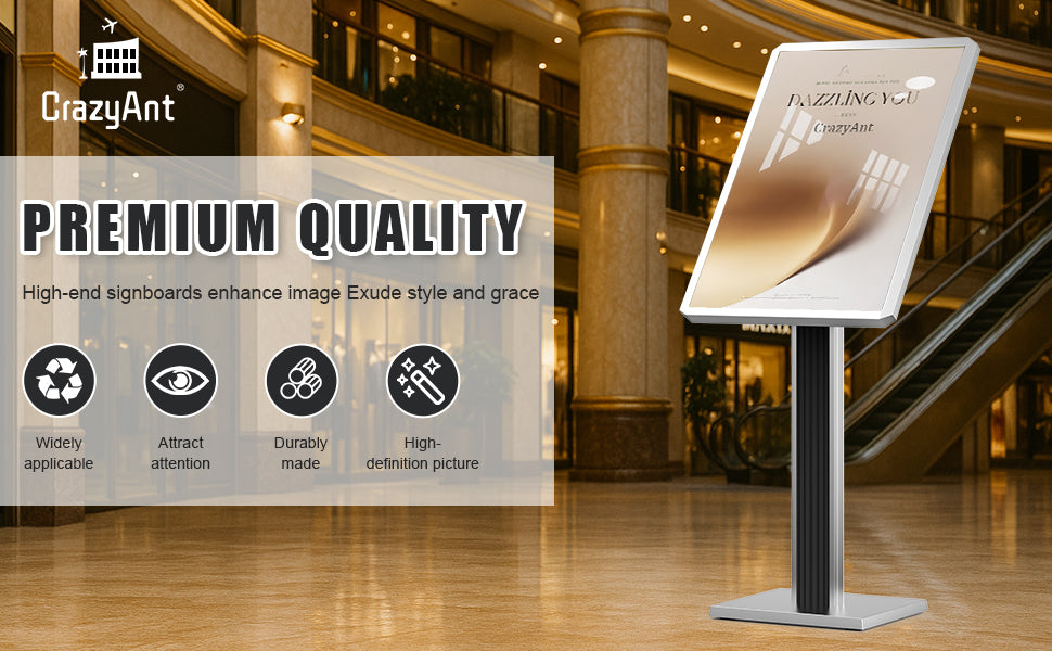  Premium quality floor standing sign holder showcasing key features including widely applicable, attract attention, durably made, and high-definition picture in luxury shopping mall setting