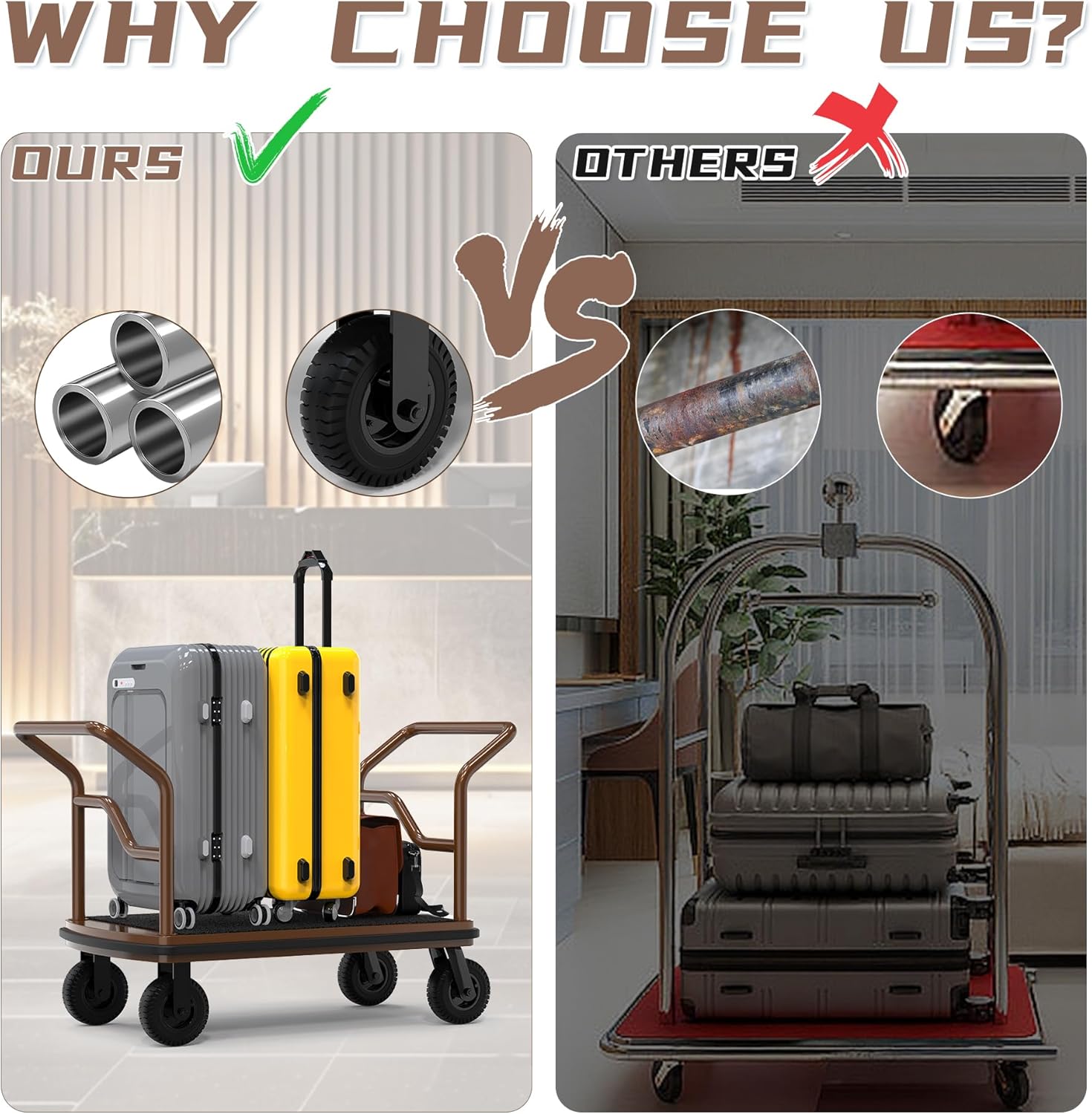 "Comparison showing premium stainless steel hotel luggage cart superiority over standard models. Professional bellman cart featuring rust-resistant steel tube construction, silent inflatable wheels, versus inferior alternatives with basic materials and poor wheel design.